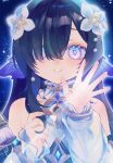 1girl bare_shoulders blue_eyes close-up commentary_request fins flower genshin_impact hair_over_one_eye head_fins highres long_hair long_sleeves looking_at_viewer multicolored_eyes open_mouth pink_eyes purple_eyes solo star_(sky) upper_body user_ckgs2328 vodyanitsa_(genshin_impact) waving white_flower 