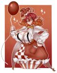  absurdres armband artist_name balloon bow bowtie breasts buttoned_cuffs buttons capelet checkered_clothes cleavage commentary cross cross_necklace english_commentary fang frilled_skirt frilled_sleeves frills gradient_hair hat highres hinabobina_(vtuber) holding holding_balloon indie_virtual_youtuber jester_cap jewelry koffeekuma large_breasts multicolored_hair necklace one_eye_closed orange_hair pocket pointy_ears red_background red_eyes red_hair red_skirt shirt signature simple_background skin_fang skirt skirt_pocket star_(symbol) stitched_clothes striped_clothes suspenders white_shirt yellow_bow yellow_bowtie 