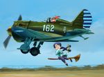  aircraft airplane broom broom_riding chinese_clothes commentary day flying glasses goggles i-16 inui_(jt1116) long_hair military multiple_girls original sidesaddle sky twintails world_war_ii 