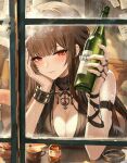  1girl absurdres ashtray bare_shoulders blush bottle bracelet breasts brown_hair cleavage closed_mouth collar_jewel collarbone commentary_request cup dsr-50_(girls'_frontline) gem girls'_frontline girls'_frontline_2:_exilium hair_intakes hand_on_own_face hands_up highres holding holding_bottle jewelry large_breasts light_particles long_hair looking_at_viewer loreley_(girls'_frontline_2) night orange_eyes pink_lips red_gem sidelocks sitting sleeveless smile solo strap table teacup teapot very_long_hair window zzh-27 