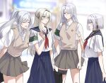  4girls :d ak-12_(girls'_frontline) ak-15_(girls'_frontline) an-94_(girls'_frontline) armband blonde_hair blue_sailor_collar blue_skirt blunt_bangs blush briefcase brown_sweater_vest chinese_commentary closed_eyes collar collared_shirt commentary_request cosplay defy_(girls'_frontline) double-parted_bangs earpiece feet_out_of_frame girls'_frontline green_armband green_eyes grey_hair grey_skirt hair_between_eyes hair_over_one_eye height_difference highres holding holding_briefcase judgement_armband_(toaru) lezissmitozer long_hair long_sidelocks looking_at_another medium_hair miniskirt misaka_mikoto misaka_mikoto_(cosplay) multiple_girls neckerchief open_mouth outdoors parted_bangs pleated_skirt ponytail purple_eyes red_neckerchief rpk-16_(girls'_frontline) sailor_collar sakugawa_school_uniform saten_ruiko saten_ruiko_(cosplay) school_briefcase school_emblem school_uniform serafuku shirai_kuroko shirai_kuroko_(cosplay) shirt short_sleeves sidelocks skirt smile standing summer_uniform sweater_vest thigh_strap toaru_kagaku_no_railgun toaru_majutsu_no_index tokiwadai_school_uniform uiharu_kazari uiharu_kazari_(cosplay) v-neck very_long_hair white_shirt 