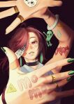  1girl absurdres ayase_momo bandaid black_background commentary crop_top dandadan earrings green_nails hair_over_one_eye highres jewelry medium_hair multiple_rings pink_eyes pink_hair ring simple_background solo weeabuddhaboo 