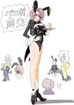  animal_ears arimura_mao bow bowtie coattails commentary_request food gakuen_idolmaster high_heels highres holding holding_tray idolmaster playboy_bunny producer_(idolmaster) rabbit_ears sandwich speech_bubble strappy_heels tailcoat tray 