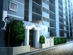  apartment building game_asset hedge herringbone night no_humans non-web_source official_art outdoors road self-datamine sidewalk street subarashiki_hibi tree variant_set 