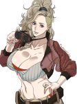  1girl artist_name asymmetrical_hair belt blonde_hair blue_eyes bra braid breasts brown_jacket cleavage closed_mouth collarbone commentary_request crop_top cropped_jacket eyelashes freckles gemma_(monster_hunter_wilds) goggles goggles_around_neck hair_ornament hair_over_shoulder hair_scrunchie hand_on_own_hip high_ponytail highres jacket large_breasts leather leather_jacket light_smile lips long_hair looking_at_viewer mattsun_(lyohei) midriff monster_hunter_(series) monster_hunter_wilds navel nose open_clothes open_jacket panties panty_peek ponytail red_jacket red_panties scrunchie shiny_skin side_braid sidecut simple_background solo stomach thick_lips toned toned_female undercut underwear unworn_eyewear upper_body white_background 
