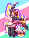  1girl ahoge animal_ears belt black_leggings black_shrug blush breasts brown_hair checkered_ribbon closed_eyes commentary_request dantsu_flame_(center_spotlight)_(umamusume) dantsu_flame_(umamusume) ear_covers ear_ribbon hair_between_eyes hairband highres horse_ears horse_girl horse_tail jumping korean_commentary large_breasts leggings leggings_under_shorts midriff multicolored_hair navel open_mouth pink_hairband pink_shoes pink_shorts rottenorang shirt shoes shorts shrug_(clothing) smile solo tail tied_shirt umamusume white_belt white_hair 