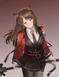  1girl absurdres animal_ears arknights belt belt_buckle black_belt black_jacket black_necktie black_pantyhose black_skirt brlnhrtn brown_hair buckle buttons chain closed_mouth collared_shirt commentary commission cowboy_shot fingernails highres holding jacket lapels light_smile long_hair long_sleeves looking_at_viewer necktie open_clothes open_jacket orange_eyes pantyhose pleated_skirt red_jacket shirt skirt skyfire_(arknights) solo standing tail twitter_username unzipped watermark white_shirt zipper 