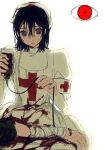  1girl 1other bandaged_arm bandages black_hair commentary_request cross cross_print disembodied_eye frown grey_eyes hat highres holding_blood_bag intravenous_drip koine2l23 medium_hair messy_hair nurse_cap nurse_dress original red_cross red_cross_armband red_eyes sweat transfusion 