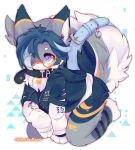  1other absurdres all_fours androgynous animal_collar artist_name belt belt_buckle black_collar black_hoodie black_jacket blue_belt blue_collar blue_eyes blue_fur blue_hair bright_pupils buckle closed_mouth clothes_writing collar commentary english_commentary expressionless full_body furry glasses grey_fur hair_over_one_eye highres hood hood_down hoodie jacket layered_sleeves long_sleeves looking_ahead mew_mew_chikorita_moon multicolored_fur multicolored_hair neck_fur original other_focus outline round_eyewear short_eyebrows short_hair short_over_long_sleeves short_sleeves simple_background solo streaked_hair striped_tail tail thick_eyebrows torn_clothes white_background white_fur white_pupils white_sleeves yellow-framed_eyewear zipper zipper_pull_tab 
