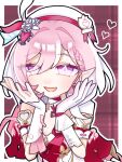  1girl beret breasts commentary_request diamond-shaped_pupils diamond_(shape) dress earrings elf elysia_(hi_love_elf)_(honkai_impact) elysia_(honkai_impact) gloves hat heart heart_earrings highres honkai_(series) honkai_impact_3rd jewelry long_hair medium_breasts multicolored_hair ohagicha0911 open_mouth pink_hair pointy_ears purple_background purple_eyes red_dress single_glove solo symbol-shaped_pupils two-tone_hair very_long_hair white_gloves white_hair 