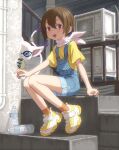  1girl absurdres animal_hands ankle_socks blue_eyes blue_overalls bottle brown_eyes brown_hair cable cat commentary_request condenser_unit digimon digimon_(creature) digimon_adventure digimon_day drainpipe gloves graffiti hiding highres holy_ring looking_at_viewer massimo numemon open_mouth orange_socks outdoors overall_shorts overalls paw_gloves peeking_out pink_scarf railing scarf shirt shoes short_hair signature sitting sitting_on_stairs smile sneakers socks stairs t-shirt tail tail_ornament tail_ring tailmon teeth upper_teeth_only urban water_bottle whiskers yagami_hikari yellow_shirt yellow_shoes 
