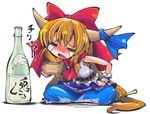  belt blonde_hair blush bottle bow closed_eyes commentary_request crying hair_bow horn_ribbon horns ibuki_suika indian_style open_mouth ribbon sake_bottle shinapuu shirt simple_background sitting skirt sleeveless sleeveless_shirt solo streaming_tears tears touhou translation_request white_background wrist_cuffs 