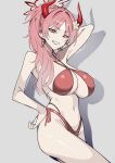  1girl absurdres arm_behind_head arm_up bare_arms bare_legs bare_shoulders bikini blue_archive breasts commentary cowboy_shot ear_ornament flower from_side grey_background grin hair_flower hair_ornament halo hand_on_own_hip highres horns huge_breasts long_hair looking_at_viewer navel pink_eyes pink_hair ponytail red_bikini red_halo red_horns satsuki_(blue_archive) satsuki_(swimsuit)_(blue_archive) simple_background smile solo stomach swimsuit vixsi_art 