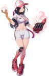 1girl artist_request ball baseball_(object) baseball_(sport) baseball_cap baseball_mitt baseball_uniform black_hair breasts crop_top dislyte front-tie_top full_body hat holding holding_ball jin-hee_(dokkaebi)_(dislyte) knee_pads large_breasts long_hair midriff mole mole_under_eye narrow_waist navel official_art pink_eyes pink_socks prosthesis prosthetic_arm red_shoes shoes shorts single_knee_pad smile socks solo sportswear thigh_gap third-party_source transparent_background undershirt 
