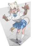  1girl :d animal_ear_fluff animal_ears blue_bow blue_bowtie blue_skirt bow bowtie breast_pocket claw_pose commentary cross-laced_shoes dark-skinned_female dark_skin extra_ears fangs fingerless_gloves full_body gloves hair_between_eyes highres kemono_friends kneehighs lion_ears lion_girl lion_tail low_twintails open_mouth pleated_skirt pocket shirt shoes simple_background skirt smile socks solo standing tail tanabe_(fueisei) teeth tented_shirt transvaal_lion_(kemono_friends) twintails upper_teeth_only white_eyes white_hair white_shirt white_shoes white_socks 