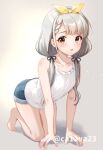  1girl all_fours asymmetrical_bangs bare_arms bare_legs barefoot blush braid braided_bangs ca_paria commentary_request denim grey_hair highres hisakawa_nagi idolmaster idolmaster_cinderella_girls long_hair looking_at_viewer shirt short_shorts shorts sleeveless sleeveless_shirt solo toes twintails twitter_username white_shirt 