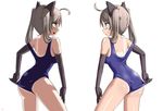  adjusting_clothes adjusting_swimsuit animal_ears blush brown_hair cat_ears elbow_gloves eye_contact from_behind gloves long_hair looking_at_another multiple_girls one-piece_swimsuit one-piece_tan original simple_background strap_slip swimsuit symmetry tan tanline white_background zaxwu 