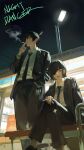  1boy 1girl absurdres bad_link black_hair black_jacket black_necktie black_pants black_suit chainsaw_man cigarette collared_shirt commentary_request convenience_store eyepatch hand_in_pocket hand_on_own_knee hayakawa_aki highres himeno_(chainsaw_man) holding holding_cigarette jacket lamppost lapels making-of_available multi-source_commentary necktie night open_clothes open_jacket outdoors pants power_lines shirt shop short_hair smoke smoking suit suit_jacket super_no_ura_de_yani_suu_futari topknot white_shirt ye_ditto 