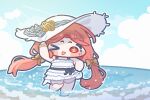  >_o 1girl :d ;d arm_up ashur_(magi)_(trickcal) ashur_(trickcal) blue_sky blush_stickers bow chibi chibi_only cloud commentary_request day full_body hair_bow hat korean_commentary long_hair looking_at_viewer low_twintails monyami ocean official_alternate_costume one-piece_swimsuit one_eye_closed open_mouth outdoors outline red_eyes red_hair sky smile solo standing swimsuit trickcal twintails very_long_hair wading water white_hat white_one-piece_swimsuit white_outline yellow_bow 