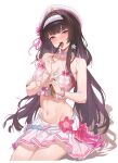  1girl absurdres beret bikini bikini_skirt birkai black_hair blush breasts chinese_commentary chisa_(peach_parfait)_(wuthering_waves) chisa_(wuthering_waves) cleavage commentary_request food hair_ribbon hairband hat highres holding holding_food holding_pocky large_breasts long_hair looking_at_viewer navel nose_blush official_alternate_costume open_mouth paid_reward_available pink_bikini pink_ribbon plaid_bikini plaid_clothes pocky ribbon sexually_suggestive simple_background skirt solo stomach swimsuit tacet_mark_(wuthering_waves) tongue tongue_out white_background white_hairband white_hat white_skirt wuthering_waves 