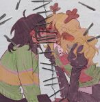  1girl 1other animal_ears antlers blonde_hair blush brown_hair checkered_clothes checkered_vest closed_eyes commentary deer_antlers deer_ears deer_girl deltarune earrings english_commentary faux_traditional_media freckles furry furry_female furry_with_non-furry green_sweater highres horns interspecies jewelry juliet_sleeves kiss kleahvii kris_(deltarune) leaning_forward long_hair long_sleeves noelle_holiday paper_texture puffy_sleeves red_nose short_hair single_stripe staple stapled sweat sweater torn_paper two-tone_sweater_vest utdr_(toby_fox) vest 
