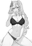  1girl absurdres bra braid braided_bangs breasts cleavage commentary commission danimocles earrings english_commentary feather_hair_ornament feathers finger_to_mouth greyscale hair_ornament highres hololive hololive_indonesia jewelry lace-trimmed_bra lace_trim large_breasts licking_lips long_hair looking_at_viewer monochrome paid_reward_available pavolia_reine ponytail simple_background skindentation solo tongue tongue_out underwear underwear_only virtual_youtuber white_background 