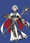  1boy bad_id bad_pixiv_id black_robe black_shoes blue_background cloak closed_mouth curtained_hair ethnobalt_(tate_no_yuusha_no_nariagari) full_body hands_up highres holding holding_staff looking_at_viewer male_focus medium_hair minami_seira official_art promotional_art red_cloak red_eyes robe shoes simple_background sleeves_past_wrists smile solo staff tate_no_yuusha_no_nariagari two-sided_cloak two-sided_fabric v-shaped_eyebrows white_cloak white_hair white_robe wide_sleeves 