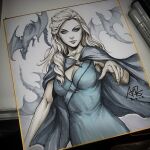  1girl a_song_of_ice_and_fire art_tools_in_frame blonde_hair blue_cloak blue_dress breasts check_copyright cloak closed_mouth commentary copyright_request daenerys_targaryen dragon dress english_commentary game_of_thrones long_hair marker_(medium) photo_(medium) sepia shikishi solo stanley_lau straight-on traditional_media 