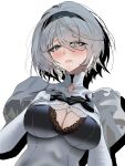  1girl 2b_(brief_respite)_(azur_lane) 2b_(nier:automata) azur_lane black_hairband blue_eyes blush bob_cut breasts cleavage cleavage_cutout clothing_cutout commentary_request dress framed_breasts hairband hands_on_own_chest highres jidou_unorihi juliet_sleeves large_breasts lips long_sleeves looking_at_viewer mole mole_under_mouth nier:automata nier_(series) official_alternate_costume parted_lips puffy_sleeves short_hair simple_background solo swept_bangs upper_body white_background white_dress white_hair 