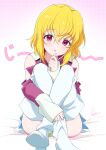  1girl bare_shoulders blonde_hair blush boots commentary_request detached_sleeves dot_nose full_body green_panties gundam gundam_seed gundam_seed_destiny hair_between_eyes halftone halftone_background hand_up highres kamuraaa_615 knees_up long_sleeves looking_at_viewer panties pantyshot parted_lips purple_background purple_shirt purple_sleeves red_eyes shirt short_hair sitting sleeveless sleeveless_shirt solo stellar_loussier thigh_boots two-tone_background two-tone_sleeves underwear white_background white_boots white_sleeves 