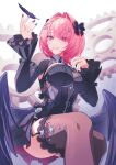  1girl black_bow black_dress black_wings bow breasts brown_thighhighs commentary_request dress feathered_wings feathers garter_straps gears hair_bow highres large_breasts official_alternate_costume pink_hair pochimaru_(marumaru_wanwan) purple_eyes remielle_dan remielle_dan_(moonlight_whispers) short_hair smile solo thighhighs wings zenless_zone_zero zipper zipper_pull_tab 