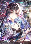  1girl absurdres black_hair blue_eyes blue_hair breasts burnt_paper chinese_commentary cleavage closed_mouth commentary_request feather_hair hair_ornament hand_up highres jacket jin_sumire long_hair long_sleeves looking_at_viewer medium_breasts parted_bangs smile solo tacet_mark_(wuthering_waves) upper_body white_jacket wuthering_waves yangyang_(wuthering_waves) yangyang_(xuanling)_(wuthering_waves) 