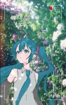  1girl :o arms_at_sides battery_indicator black_sleeves blue_eyes blue_hair blue_necktie blush_stickers collared_shirt commentary_request day detached_sleeves floating_hair flower flower_request fukami_sera grey_shirt hair_between_eyes hatsune_miku highres long_hair looking_up necktie open_mouth outdoors photo_background pink_flower recording shirt sleeveless sleeveless_shirt solo upper_body very_long_hair viewfinder vocaloid 