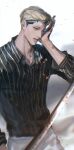  absurdres black_eyes black_shirt blonde_hair blood blood_on_clothes blood_on_hand eterorca eyewear_on_head fade_(haircut) hair_slicked_back highres holding holding_sword holding_weapon katana kim_joon_goo lookism pants shirt short_hair striped_clothes sword vertical-striped_clothes very_short_hair weapon white_pants 