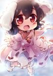  1girl :d animal_ears black_hair blush carrot_necklace commentary_request double-parted_bangs dress foot_out_of_frame hair_between_eyes hand_up highres inaba_tewi jewelry long_sleeves looking_at_viewer matatabi_(nigatsu) necklace open_mouth pink_dress pink_scarf rabbit_ears rabbit_girl red_eyes scarf short_hair smile socks solo standing standing_on_one_leg touhou v white_socks 