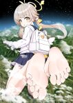  1girl above_clouds absurdres animal_bag atmospheric_layer backpack bag bare_legs barefoot blue_archive blue_sailor_collar blue_skirt brown_hair c1_comb3r cardigan cloud commentary desk english_commentary feet feet_up fingernails foot_focus from_behind full_body giant giantess greek_toe hair_flaps hair_ornament hair_ribbon halo hifumi_(blue_archive) highres light_blush long_hair long_sleeves looking_at_viewer looking_back low_twintails lying miniskirt mountain on_stomach parted_lips peroro_(blue_archive) pleated_skirt raised_inner_eyebrows ribbon sailor_collar school_desk school_uniform serafuku skirt sleeves_past_wrists soles solo space the_pose toenails toes twintails very_long_hair white_bag white_cardigan wing_hair_ornament winged_halo yellow_eyes yellow_halo 