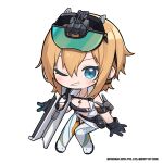 1girl arm_strap belt_pouch blush breasts chibi cleavage clothes_writing commentary dress english_commentary full_body gloves goddess_of_victory:_nikke grin gun hair_between_eyes highres jewelry leaning_forward looking_at_viewer maxwell_(nikke) maxwell_(ordinary_mechanic)_(nikke) medium_breasts medium_hair necklace official_art one_eye_closed orange_hair pouch smile solo totatokeke weapon white_dress 
