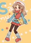  1girl abstract_background bag black_pantyhose blue_jacket brown_eyes brown_hair bucket_hat commentary_request full_body hat highres jacket leaf_(pokemon) long_hair long_sidelocks long_sleeves loose_socks mittens outline pantyhose poke_ball_print pokemon pokemon_firered_and_leafgreen red_scarf red_shoes red_skirt scarf shoes shoulder_bag sidelocks skirt smile socks solo toggles white_hat white_mittens white_outline white_socks winter_clothes yellow_background yellow_bag yuimeroco 
