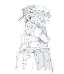  2girls blush bow capelet collared_shirt commentary cowboy_shot cropped_legs dress english_commentary ezier from_behind from_side greyscale hand_on_another's_back hat hat_bow highres hug long_sleeves maribel_hearn medium_hair mob_cap monochrome multiple_girls mutual_hug ribbon-trimmed_capelet ribbon_trim sash shirt shirt_tucked_in simple_background sketch skirt touhou usami_renko 