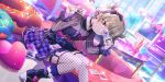  1girl balloon belt black_nails boots bottle brown_hair choker couch double_bun dutch_angle earrings facial_mark fishnet_thighhighs fishnets frills garter_straps grin hair_bun hair_ornament hairband heart heart_balloon heart_facial_mark highres holding holding_photo jewelry long_sleeves looking_at_viewer love_live! love_live!_nijigasaki_high_school_idol_club love_live!_school_idol_festival_all_stars multicolored_hair multicolored_nails nail_polish nakasu_kasumi nakasu_kasumi_(fancy_pixie) official_alternate_costume official_alternate_hair_color official_art on_floor photo_(object) pink_eyes plaid_clothes plaid_skirt polaroid_photo purple_hair purple_nails see-through_clothes shirt short_hair sitting skirt smile solo table television thighhighs third-party_source v-shaped_eyebrows 