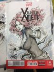 1girl bodysuit breasts closed_mouth commentary cover_sketch english_commentary fiery_hair fire jean_grey large_breasts long_hair marker_(medium) marvel photo_(medium) red_hair sash signature solo stanley_lau traditional_media turning_head waist_sash x-men 