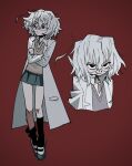  1girl absurdres aqua_skirt black_eyes black_socks coat collared_shirt commentary_request cropped_torso crossed_arms glasses grin highres kagaku_chop lab_coat lapels medium_hair messy_hair miniskirt notched_lapels red_background shirt shoes simple_background skirt smile socks solo suzuzono_sai sweater_vest ueki_(ueki056) v-neck v-shaped_eyebrows white_coat white_hair wing_collar 
