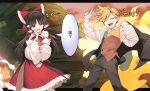  1boy 1girl ascot blonde_hair bow brown_hair brown_pants closed_eyes collared_shirt commentary_request crossover deltarune detached_sleeves flowery_(deltarune) frilled_bow frilled_hair_tubes frilled_skirt frills gohei green_vest hair_bow hair_tubes hakurei_reimu harukawa_moe_(style) highres holding holding_gohei holding_unworn_clothes holding_unworn_jacket jacket keiki8296 long_hair long_sleeves open_mouth orange_vest pants red_bow red_eyes red_skirt ribbon-trimmed_sleeves ribbon_trim shirt skirt skirt_set smile speech_bubble touhou translation_request two-tone_vest unworn_jacket utdr_(toby_fox) vest white_shirt yellow_ascot 