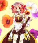  1girl arch_bishop_(ragnarok_online) bow brown_dress cleavage_cutout clothing_cutout commentary_request cowboy_shot cross dormir_(challco) dress expressionless fishnet_thighhighs fishnets floral_background flower frilled_hairband frills hairband halloween holding holding_staff jack-o'-lantern juliet_sleeves long_sleeves looking_at_viewer open_mouth orange_eyes orange_flower puffy_sleeves ragnarok_online red_bow red_hairband sash short_hair solo staff thighhighs two-tone_dress white_dress white_thighhighs yellow_background yellow_bow yellow_sash 