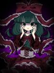  1girl @_@ aura black_background black_nails blunt_bangs bow commentary_request corset cowboy_shot dress frilled_dress frilled_ribbon frills green_eyes green_hair hair_bow hands_on_own_face highres kagiyama_hina light_particles long_hair long_sleeves looking_at_viewer open_mouth red_bow red_dress red_ribbon ribbon roamu_65 simple_background solo straight-on three-quarter_sleeves touhou vignetting white_corset wide_sleeves 