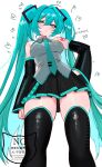  1girl aqua_eyes aqua_hair aqua_necktie aqua_trim artist_name bare_shoulders black_sleeves black_thighhighs blush breasts closed_mouth commentary detached_sleeves dot_mouth english_commentary from_below grey_shirt hair_between_eyes hair_ornament hatsune_miku highres long_hair looking_at_viewer looking_down medium_breasts necktie number_tattoo pleated_skirt shirt simple_background skirt sleeveless sleeveless_shirt solo sukiyart tattoo thighhighs twintails twitter_username very_long_hair vocaloid white_background 