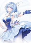 1girl bare_shoulders blue_dress blue_gloves blue_hair breasts cleavage closed_mouth commentary_request detached_sleeves dress genshin_impact gloves hair_between_eyes hair_intakes hair_ornament highres looking_at_viewer marumoru medium_hair odette_(genshin_impact) pantyhose purple_eyes reaching reaching_towards_viewer simple_background solo white_background white_pantyhose 
