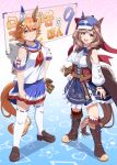  2girls animal_ears bead_bracelet beads belt_bag black_thighhighs blue_bow blue_hat blue_sailor_collar blue_skirt blush boots bow bracelet breasts brown_boots brown_hair brown_shoes center_frills closed_mouth clothing_cutout clover_hair_ornament commentary_request corset daruma_doll destino doll_hair_ornament ear_covers ear_ornament ears_through_headwear ema flipped_hair four-leaf_clover_hair_ornament frills hair_between_eyes hair_ornament hairclip hat horse_ears horse_girl horse_tail jewelry looking_at_viewer maneki-neko matikanefukukitaru_(rising_fortune)_(umamusume) matikanefukukitaru_(umamusume) matikanetannhauser_(clippety-tippety-clop)_(umamusume) matikanetannhauser_(umamusume) medium_breasts medium_hair multicolored_hair multiple_girls neckerchief newsboy_cap open_mouth orange_hair parallel_hairclips red_corset red_neckerchief red_socks sailor_collar school_uniform serafuku shirt shoes short_hair shoulder_cutout single_ear_cover skirt smile socks star-shaped_pupils star_(symbol) streaked_hair symbol-shaped_pupils tail thighhighs tilted_headwear umamusume white_shirt white_thighhighs yellow_eyes 
