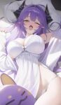  1girl :o absurdres baku_(sakihane_huya) black_horns bow breasts center-flap_bangs commentary cowboy_shot double-parted_bangs dragon_girl dragon_horns dress dress_bow drooling fang hair_intakes hair_spread_out head_on_pillow highres horns iozikn large_breasts long_hair lying morning on_back on_bed one_eye_closed open_clothes open_mouth open_shirt panties pillow purple_hair raised_inner_eyebrows sakihane_huya saliva shirt side_slit skin_fang sleepwear sleeveless sleeveless_dress solo stellive string_panties underwear very_long_hair virtual_youtuber waking_up white_dress white_panties white_shirt 