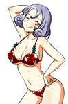  arm_up bikini blush breasts cleavage hand_on_hip large_breasts looking_at_viewer one_eye_closed original short_hair simple_background smile solo swimsuit tongue tongue_out white_background zaxwu 